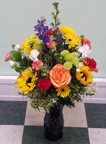 sunflowers, variegated roses, larkspur mixed bouquet